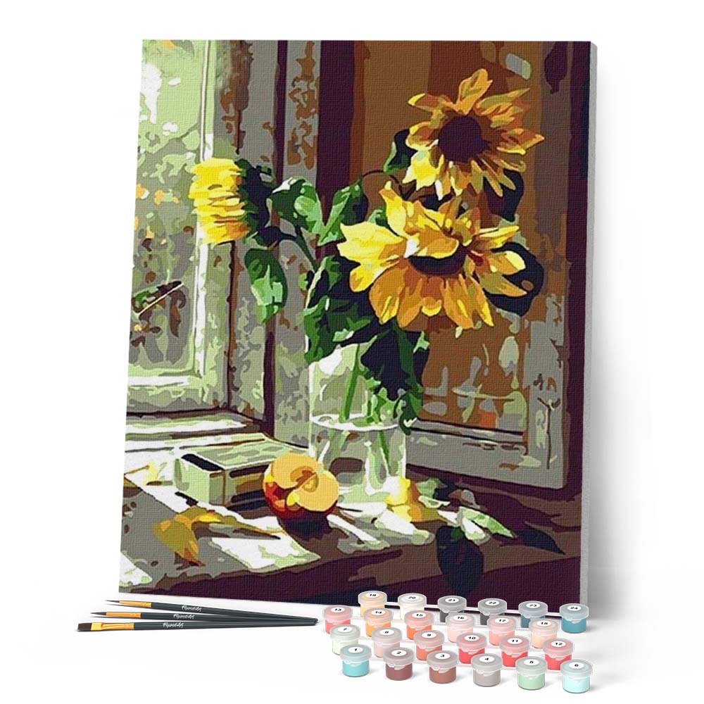 Paint by numbers - Sunflowers and apple in front of the window