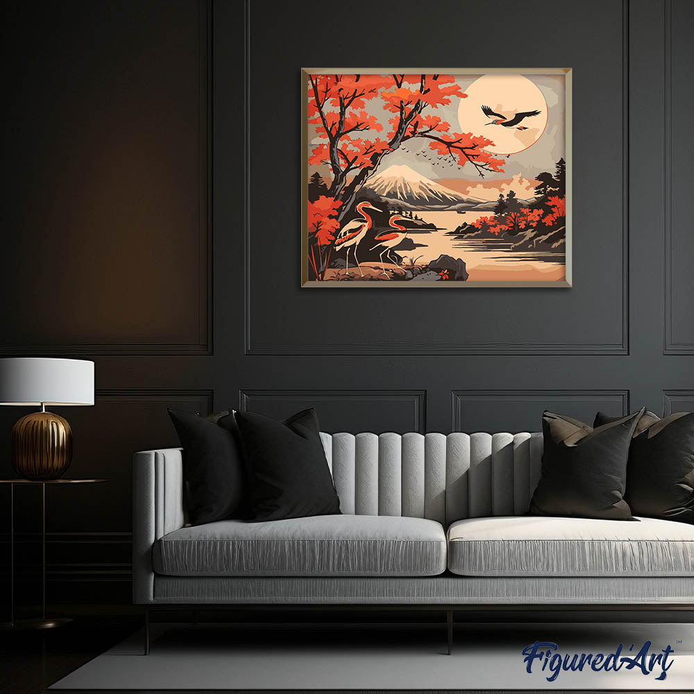 Paint by Numbers for adults UK - Cranes and Mount Fuji View – Figured'Art