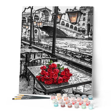 Load image into Gallery viewer, paint by numbers | Terrace and Bouquet of Roses | cities flowers intermediate romance | FiguredArt
