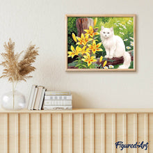 Load image into Gallery viewer, paint by numbers | White Cat and Yellow Flowers | animals cats intermediate | FiguredArt