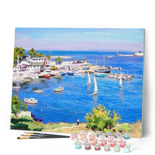 Load image into Gallery viewer, paint by numbers | View of a Greek Harbor | advanced landscapes ships and boats | FiguredArt