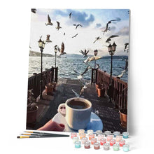 Load image into Gallery viewer, paint by numbers | Coffee and Seagulls at waterfront | intermediate landscapes | FiguredArt