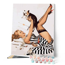 Load image into Gallery viewer, Paint by numbers | Pin-up wearing a dress and dog | animals dogs easy women new arrivals pin-up | Figured'Art