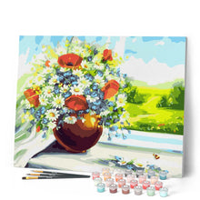 Load image into Gallery viewer, Vase of flowers with a view of the fields