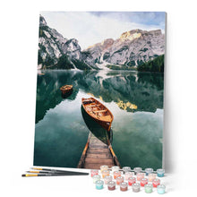 Load image into Gallery viewer, paint by numbers | Small boat and Mountain Lake | intermediate landscapes new arrivals ships and boats | FiguredArt