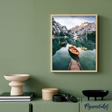 Load image into Gallery viewer, paint by numbers | Small boat and Mountain Lake | intermediate landscapes new arrivals ships and boats | FiguredArt