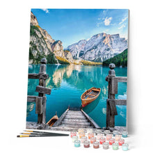 Load image into Gallery viewer, paint by numbers | Boat on the Mountain Lake | intermediate landscapes new arrivals ships and boats | FiguredArt