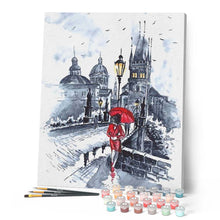 Load image into Gallery viewer, paint by numbers | Woman in red and Umbrella | cities intermediate | FiguredArt