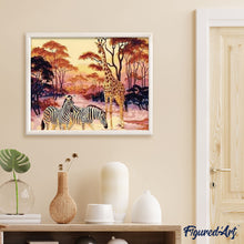 Load image into Gallery viewer, paint by numbers | Zebra and Giraffe at sunset | advanced animals giraffes zebras | FiguredArt