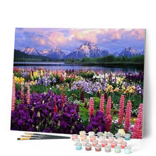 Load image into Gallery viewer, paint by numbers | Flowers and Lake near the Mountain | advanced flowers landscapes | FiguredArt