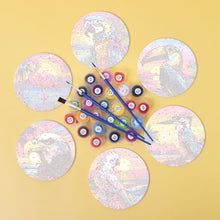 Load image into Gallery viewer, Paint by numbers 10cm Coasters (6 pieces) - Vibrant Tropical Birds