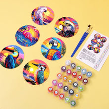 Load image into Gallery viewer, Paint by numbers 10cm Coasters (6 pieces) - Vibrant Tropical Birds
