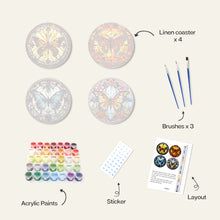Load image into Gallery viewer, Paint by numbers 10cm Coasters (4 pieces) - Vibrant Wings: A Butterfly Quartet