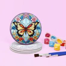 Load image into Gallery viewer, Paint by numbers 10cm Coasters (4 pieces) - Vibrant Wings: A Butterfly Quartet