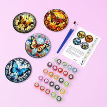 Load image into Gallery viewer, Paint by numbers 10cm Coasters (4 pieces) - Vibrant Wings: A Butterfly Quartet