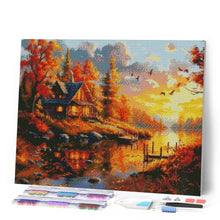 Load image into Gallery viewer, Diamond Painting - Autumn Sunset by the Cabin canvas already framed
