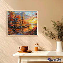 Load image into Gallery viewer, Diamond Painting - Autumn Sunset by the Cabin canvas already framed