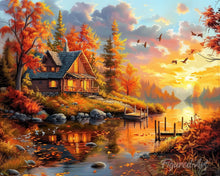 Load image into Gallery viewer, Diamond Painting - Autumn Sunset by the Cabin canvas already framed