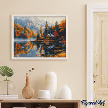 Load image into Gallery viewer, Diamond Painting - Lakeside Autumn Cabin canvas already framed