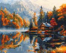 Load image into Gallery viewer, Diamond Painting - Lakeside Autumn Cabin canvas already framed