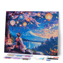 Load image into Gallery viewer, Diamond Painting - Girl, Lanterns and Mount Fuji canvas already framed