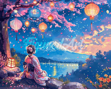 Load image into Gallery viewer, Diamond Painting - Girl, Lanterns and Mount Fuji canvas already framed