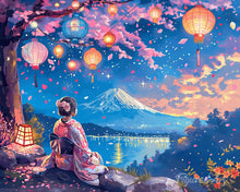 Load image into Gallery viewer, Diamond Painting - Girl, Lanterns and Mount Fuji canvas already framed