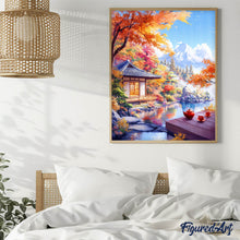 Load image into Gallery viewer, Diamond Painting - Autumn Tea House by the Lake canvas already framed