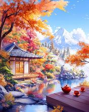 Load image into Gallery viewer, Diamond Painting - Autumn Tea House by the Lake canvas already framed