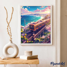 Load image into Gallery viewer, Diamond Painting - Sakura Railway by the Ocean canvas already framed