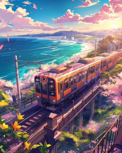 Diamond Painting - Sakura Railway by the Ocean