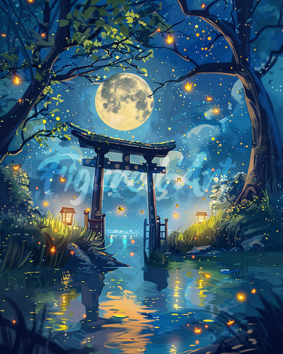 Diamond Painting - Moonlit Torii and Fireflies