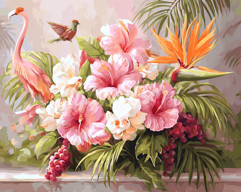 Diamond Painting - Hibiscus and Flamingo