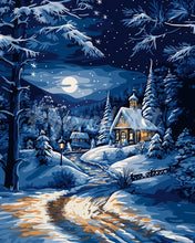 Load image into Gallery viewer, Diamond Painting - Moonlight Winter Cottage