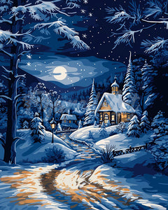 Diamond Painting - Moonlight Winter Cottage