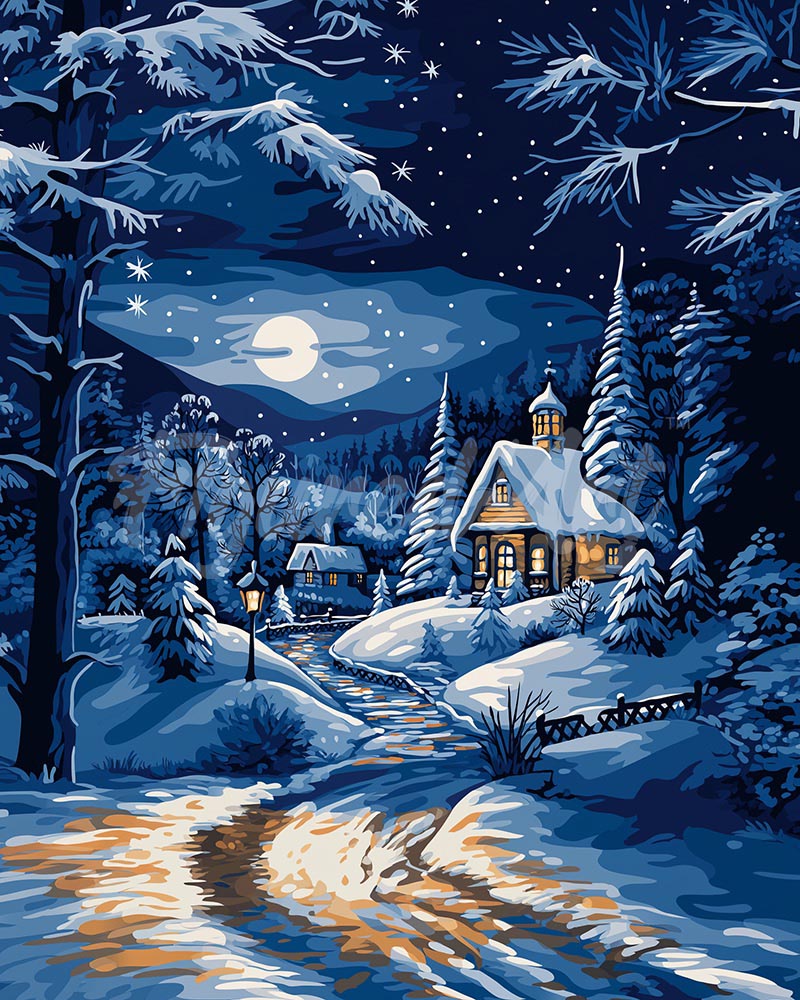 Diamond Painting - Moonlight Winter Cottage