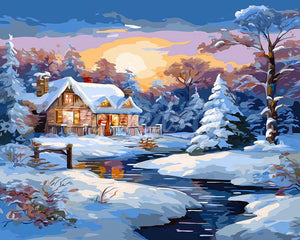 Diamond Painting - Sunset Winter Cabin