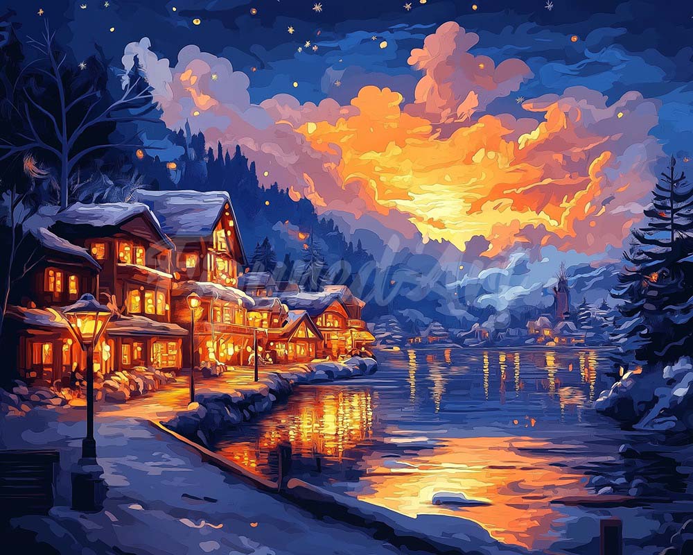 Diamond Painting - Glowing Lakeside Village
