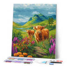Load image into Gallery viewer, Diamond Painting - Highland Cow Blooming Hills