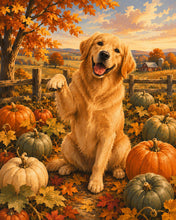 Load image into Gallery viewer, Diamond Painting - Golden Retriever in a Pumpkin Patch
