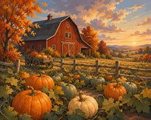 Load image into Gallery viewer, Diamond Painting - Pumpkin Patch and Red Barn at Golden Hour