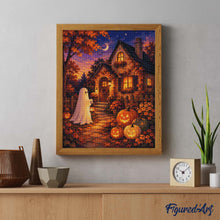 Load image into Gallery viewer, Diamond Painting - Friendly Ghost at a Pumpkin Cottage