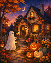 Load image into Gallery viewer, Diamond Painting - Friendly Ghost at a Pumpkin Cottage