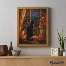 Load image into Gallery viewer, Diamond Painting - Black Cat at a Pumpkin-Lit Window