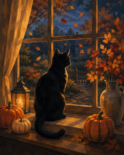 Load image into Gallery viewer, Diamond Painting - Black Cat at a Pumpkin-Lit Window