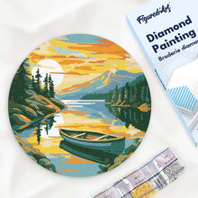 Load image into Gallery viewer, Diamond Painting on Wood Slice - Mountain Lake with Canoe Figured'Art UK