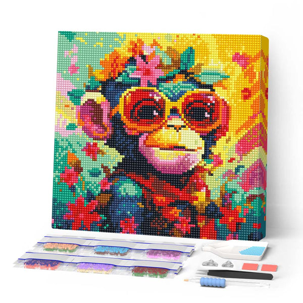 Mini Diamond Painting 25x25cm - Fantasy monkey and flowers small