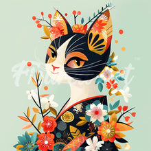 Load image into Gallery viewer, Mini Diamond Painting 25x25cm - Floral Cat in Kimono Figured'Art UK