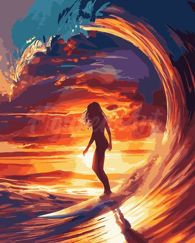 Paint by numbers kit for adults Surf Girl and the Big Wave Figured'Art UK