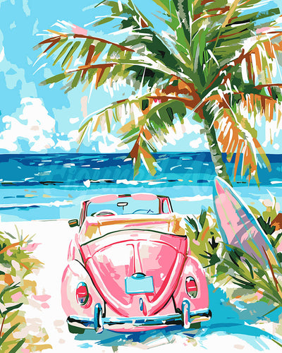 Paint by numbers kit for adults Pink Car by the Sea Figured'Art UK